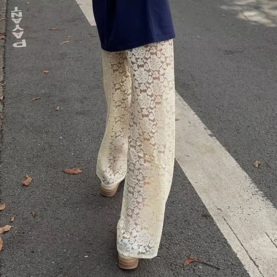 Vintage Women Wide Leg Pants Casual Loose Sheer Lace High Waist Trousers for Work Office Y2K Aesthetic Streetwear