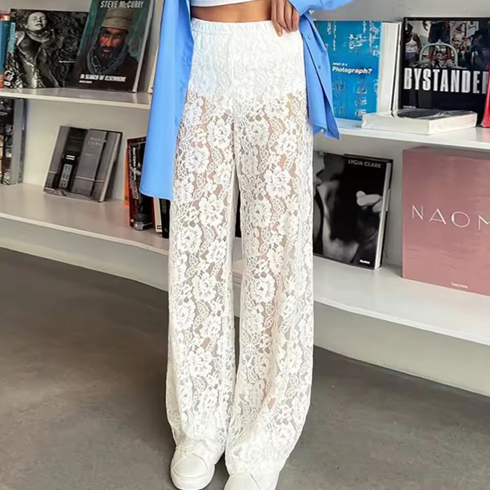 Vintage Women Wide Leg Pants Casual Loose Sheer Lace High Waist Trousers for Work Office Y2K Aesthetic Streetwear