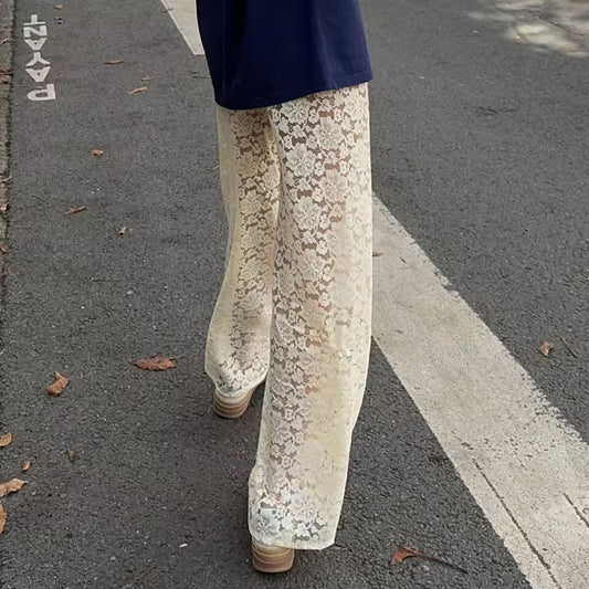 Vintage Women Wide Leg Pants Casual Loose Sheer Lace High Waist Trousers for Work Office Y2K Aesthetic Streetwear