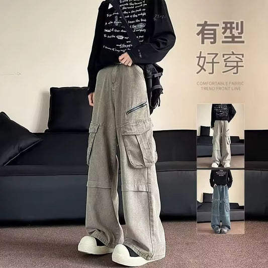 Cargo jeans mens Autumn New Straight Jeans Men Big Pockets man Casual Streetwear Pants Couples Wide Leg Denim Mopping Trousers