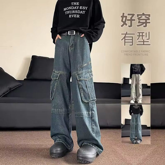 Cargo jeans mens Autumn New Straight Jeans Men Big Pockets man Casual Streetwear Pants Couples Wide Leg Denim Mopping Trousers