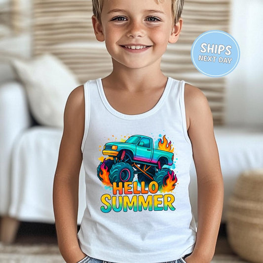 Kids Monster Truck Summer Tank Top Comfort Colors Tank Monster Truck Summer Flames Shirt Boys Summer Tank Top Boys Holiday Tank